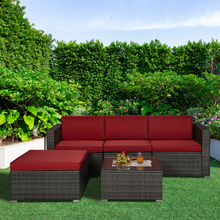 Load image into Gallery viewer, Beefurni Outdoor Garden Patio Furniture 5-Piece Gray PE Rattan Wicker Sectional Red Cushioned Sofa Sets
