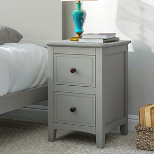 2 Drawers Solid Wood Nightstand End Table, Gray