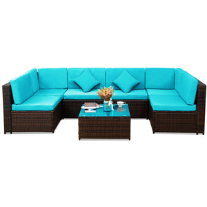 TOPMAX Patio Furniture Set PE Rattan Sectional Garden Furniture Corner Sofa Set (7 Pieces, Blue)