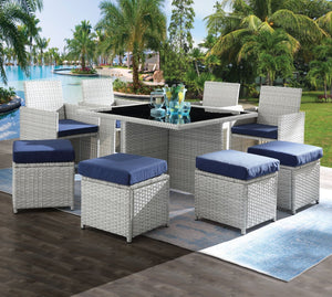 ACME Paitalyi 9Pc Patio Set, Blue Fabric & Wicker (1Set/3Ctn) 45075