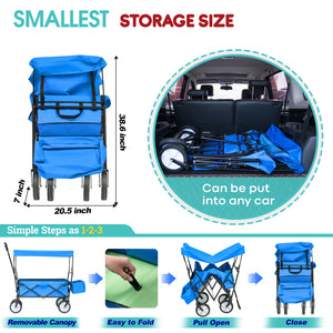 Collapsible Wagon Folding Cart with Canopy Beach Garden Outdoor Sport Utility Cart Wheels Adjustable Handle Rear Storage