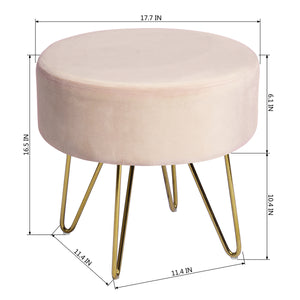 17.7" Pink and Gold Decorative Round Shaped Ottoman with Metal Legs