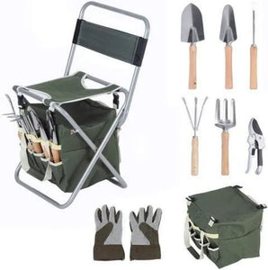 9 PCS Garden Tools Set Ergonomic Wooden Handle Sturdy Stool with Detachable Tool Kit Perfect for Different Kinds of Gardening