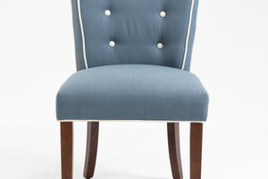 Classic Set of 2 Blue Linen Fabric Upholstered Solid Wood Legs Kitchen Dining Chair