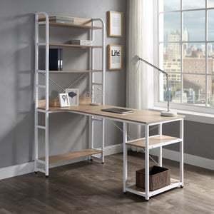 Home Office computer desk——Steel frame and MDF board/5 tier open bookshelf/Plenty storage space(Nature)