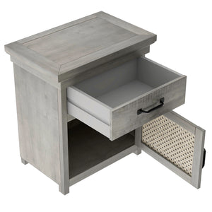 Rustic Nightstand with Drawer and Rattan Design Cabinet,Gray