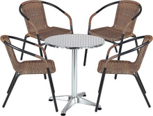 Load image into Gallery viewer, BTExpert Indoor Outdoor 27.5&quot; Round Restaurant Table Stainless Steel Silver Aluminum + 4 Brown Restaurant Rattan Stack Chairs Commercial Lightweight
