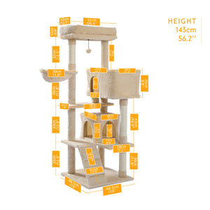 Cat Tree 56 Inches Cat Tower for Multiple Cats and Kittens with Super Large Perch Double Condo Hammock and Scratching Post-Beige