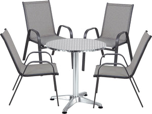 BTExpert Indoor Outdoor 27.5" Round Restaurant Table Stainless Steel Silver Aluminum + 4 Gray Flexible Sling Stack Chairs Commercial Lightweight
