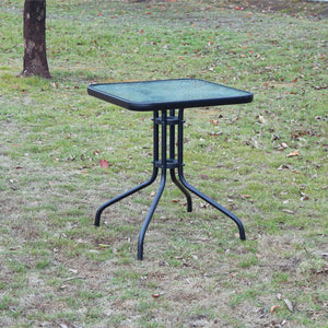 BTExpert Indoor Outdoor 23.75" Square Tempered Glass Metal Table Black + 4 Bronze Restaurant Metal Aluminum Slat Stack Chairs Commercial Lightweight