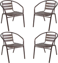 Load image into Gallery viewer, BTExpert Indoor Outdoor 28&quot; Round Tempered Glass Metal Table Brown Rattan Trim + 4 Bronze Restaurant Metal Aluminum Slat Stack Chairs Lightweight
