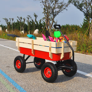 Outdoor Wagon All Terrain Pulling w/Wood Railing Air Tires Children Kid Garden（Red）