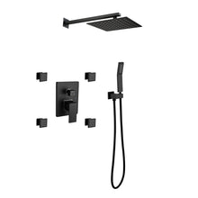 Load image into Gallery viewer, Shower System, 10-Inch Matte Black Full Body Shower System with Body Jets, Square Rainfall Shower Head, Handheld Shower, and 3 Functions Pressure Balance Shower Valve, Bathroom Luxury Faucet Set.
