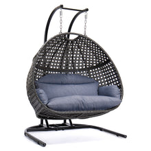 Load image into Gallery viewer, Charcoal Wicker Hanging Double-Seat Swing Chair with Stand w/Dust Blue Cushion
