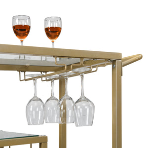 Golden Bar Serving Cart with Wine Rack and Glass Holder for home and kitchen, 3-tier Shelves, Metal Frame and Temper Glass
