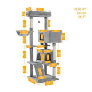 Cat Tree 56 Inches Cat Tower for Multiple Cats and Kittens with Super Large Perch Double Condo Hammock and Scratching Post-Grey