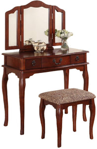 Bedroom Vanity Set w Foldable Mirror Stool Drawers Cherry Color Vintage Classic Furniture MDF Rubber wood