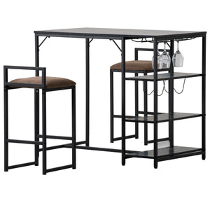 TOPMAX Counter Height 3-piece Bar Dining Table Set with 2 Upholstered Bar Stools/Chairs, 4 Glass Holders,2 Wine Racks and 3 Open Storage Shelves