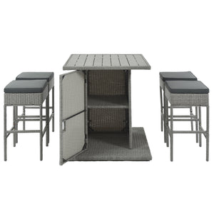 TOPMAX Patio 5-Piece Rattan Dining Table Set, PE Wicker Square Kitchen Table Set with Storage Shelf and 4 Padded Stools for Poolside, Garden, Gray Wicker+Dark Gray Cushion