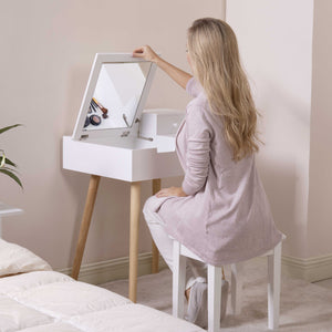 Wooden Vanity Desk Flip-top Dressing Mirror Writing table Computer Desk,White
