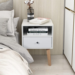 White Nightstand Side Table Side Table with Storage Drawers and Open Shelves Solid Wood Nightstand with Solid Wood Legs Modern Nightstand Bedroom Living Room (White)