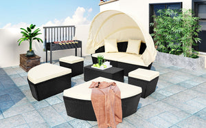 Outdoor rattan daybed sunbed with Retractable Canopy Wicker Furniture, Round Outdoor Sectional Sofa Set, black Wicker Furniture Clamshell  Seating with Washable Cushions, Backyard, Porch, Beige.