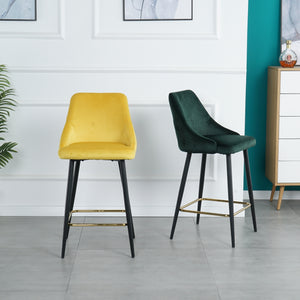 Luxury Modern Yellow Velvet Upholstered High Bar Stool Chair With Gold Legs(set of 2)