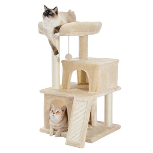 Cat Tree Luxury 34 Inches Cat Tower with Double Condos, Spacious Perch, Fully Wrapped Scratching Sisal Posts and Replaceable Dangling Balls Beige