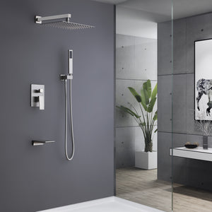 Trustmade Wall Mounted Square Rainfall Pressure Balanced Complteted Shower System with Rough-in Valve, 3 Function, 10 inches Brushed Nickel - 3W02