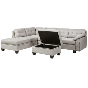 TREXM Sectional Sofa Set with Chaise Lounge and Storage Ottoman Nail Head Detail (Grey)