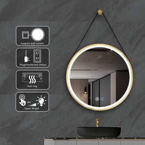 32 Inch Golden Round Frame with Lamp Hanging Bathroom Mirror
