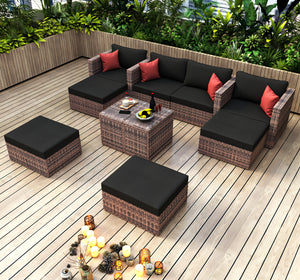 10 Pieces Outdoor Patio Garden Brown Wicker Sectional Conversation Sofa Set with Black Cushions and Red Pillows,w/ Furniture Protection Cover