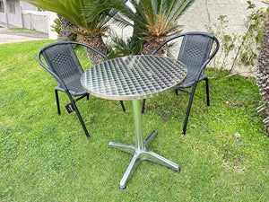 BTExpert Indoor Outdoor 27.5" Round Restaurant Table Stainless Steel Silver Aluminum + 2 Black Restaurant Rattan Stack Chairs Commercial Lightweight