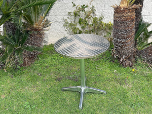 BTExpert Indoor Outdoor 27.5" Round Restaurant Table Stainless Steel Silver Aluminum + 3 Gray Flexible Sling Stack Chairs Commercial Lightweight