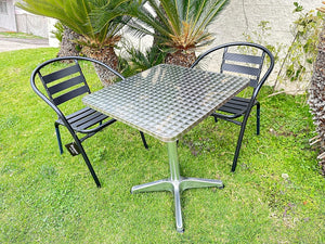BTExpert Indoor Outdoor 27.5" Square Restaurant Table Stainless Steel Silver Aluminum + 2 Black Metal Slat Stack Chairs Commercial Lightweight