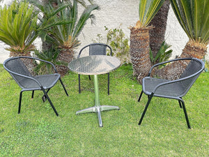 BTExpert Indoor Outdoor 27.5" Round Restaurant Table Stainless Steel Silver Aluminum + 3 Black Restaurant Rattan Stack Chairs Commercial Lightweight