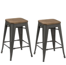 Load image into Gallery viewer, 24&quot; Antique Gunmetal stackable Metal Barstools Handmade Wood seat (Set of 2)
