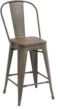 Load image into Gallery viewer, 24&quot; Metal Antique Rustic Counter height Bar Stool Chair High Back Wood seat Set of 2
