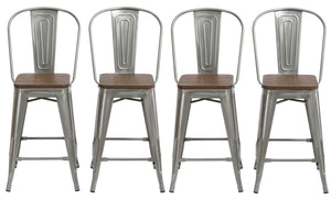 24" Clear Metal Antique Counter height Bar Stool Chair High Back Wood seat Set of 4