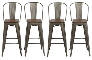 30" Metal Antique Rustic Counter height Bar Stool Chair High Back Wood seat Set of 4