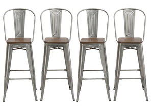 30" Clear Metal Antique Counter height Bar Stool Chair High Back Wood seat Set of 4