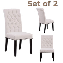 Load image into Gallery viewer, SET OF TWO High Back Tufted Accent Upholstered Padded Dining Room Chairs Side Solid Wood - Nail Trim Linen Beige
