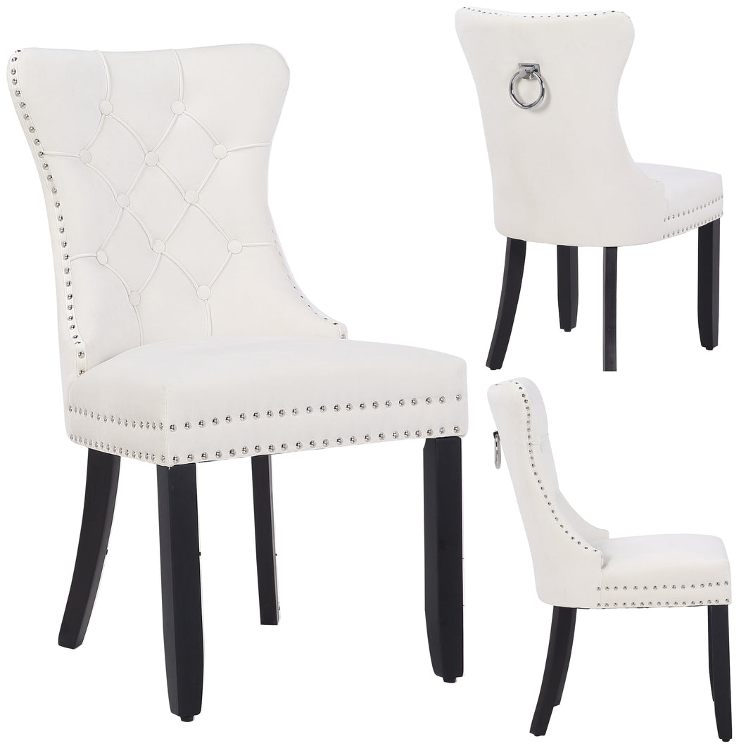 BTEXPERT White Set of 2 High Back Velvet Tufted Upholstery, Solid Wood-Accent Nail Trim, Ring Leisure Side Living Room upholstered Dining Chair