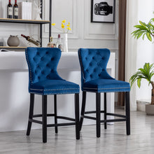 Load image into Gallery viewer, Blue Velvet Bar Stools Farmhouse Style, 26&quot; High Tufted Button Upholstered Wingback Wooden Legs Set of 2 Home Dining Room Kitchen Island Set of 2
