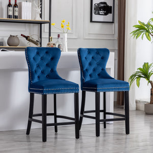 Blue Velvet Bar Stools Farmhouse Style, 26" High Tufted Button Upholstered Wingback Wooden Legs Set of 2 Home Dining Room Kitchen Island Set of 2