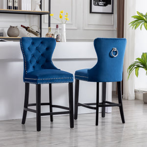 Blue Velvet Bar Stools Farmhouse Style, 26" High Tufted Button Upholstered Wingback Wooden Legs Set of 2 Home Dining Room Kitchen Island Set of 2