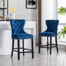 Load image into Gallery viewer, Blue Velvet Bar Stools Farmhouse Style, 26&quot; High Tufted Button Upholstered Wingback Wooden Legs Set of 2 Home Dining Room Kitchen Island Set of 2
