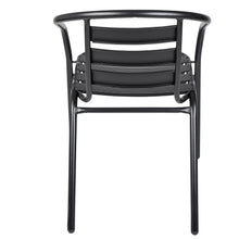 Load image into Gallery viewer, BTExpert Indoor Outdoor 23.75&quot; Round Tempered Glass Metal Table Black + 4 Black Restaurant Metal Aluminum Slat Stack Chairs Commercial Lightweight
