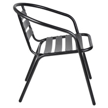 Load image into Gallery viewer, BTExpert Indoor Outdoor 23.75&quot; Round Tempered Glass Metal Table Black + 4 Black Restaurant Metal Aluminum Slat Stack Chairs Commercial Lightweight
