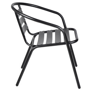 BTExpert Indoor Outdoor 23.75" Round Tempered Glass Metal Table Black + 4 Black Restaurant Metal Aluminum Slat Stack Chairs Commercial Lightweight